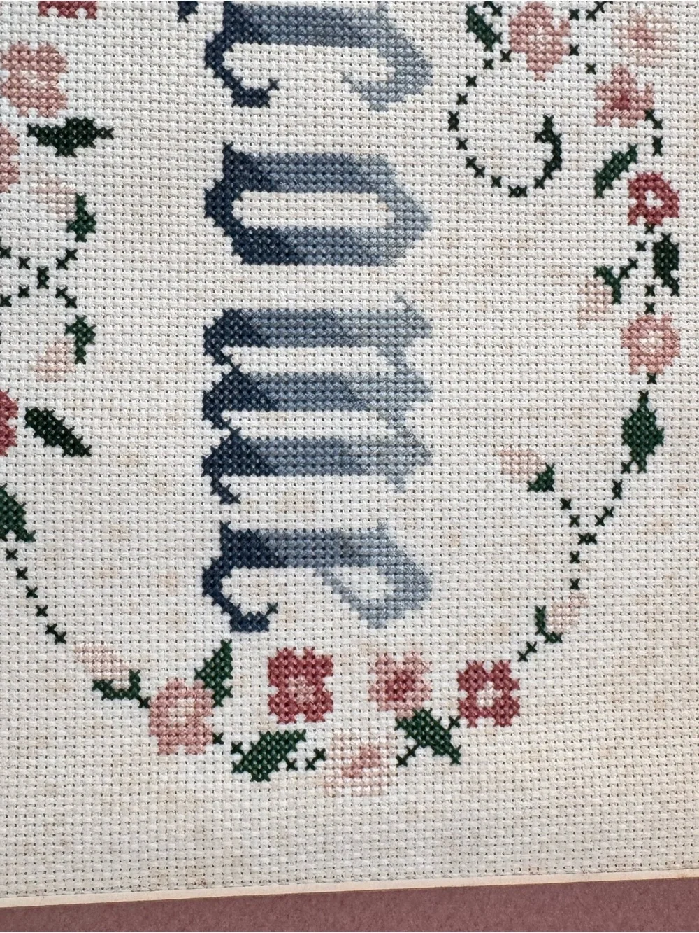 Vintage 1995 Welcome Cross Stitch Framed Floral Cottagecore Wall Art 18x12